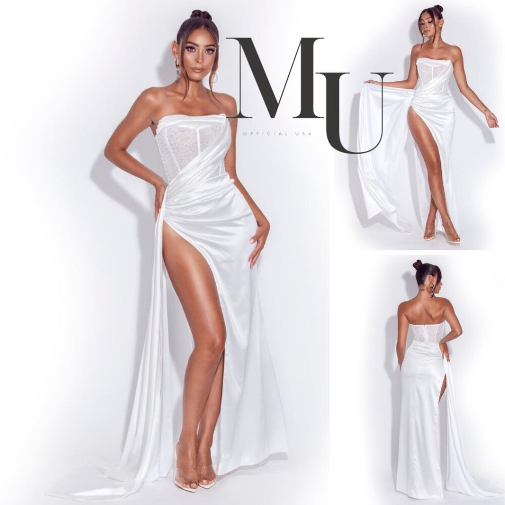 🤍Holly White Crystal Corset High Slit Satin Gown🤍
